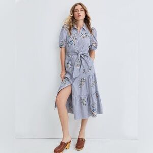 Veronica Beard Eunice Shirt Dress Blue White Stripe Floral Embroidery Size 2.